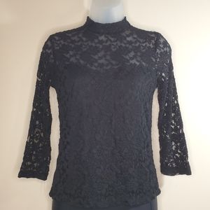 5/$25 Ambiance Black Long Sleeve High Neck Lace Shirt Large